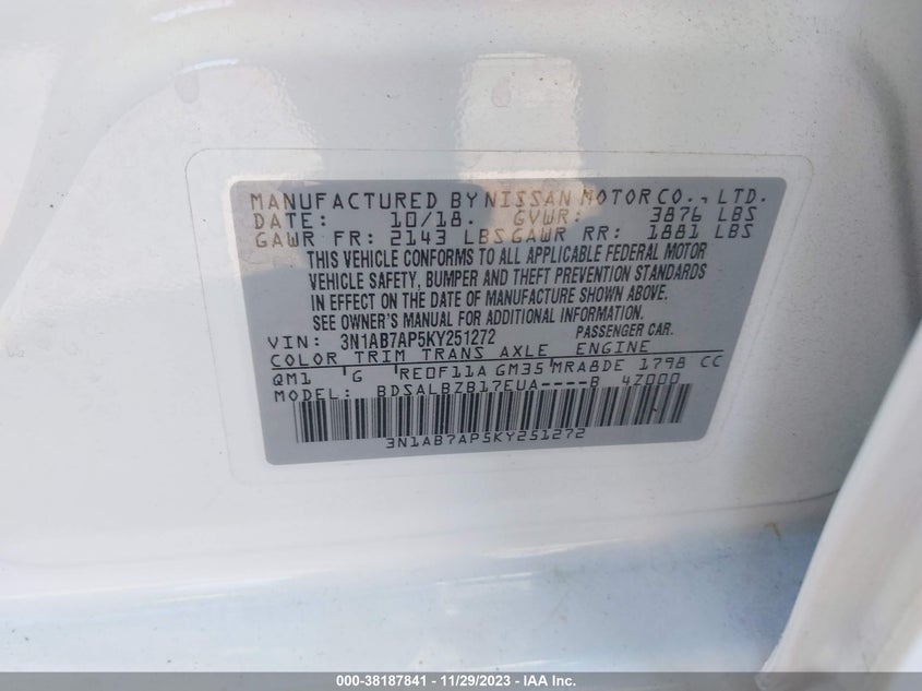 VIN 3N1AB7AP5KY251272 2019 NISSAN SENTRA S/SV/SR/SL