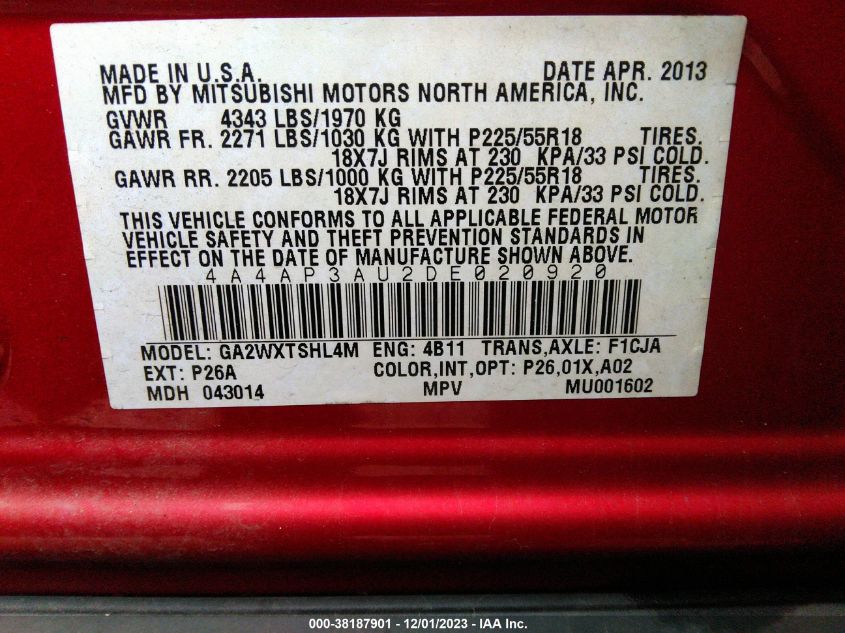 2013 MITSUBISHI OUTLANDER SPORT ES - 4A4AP3AU2DE020920