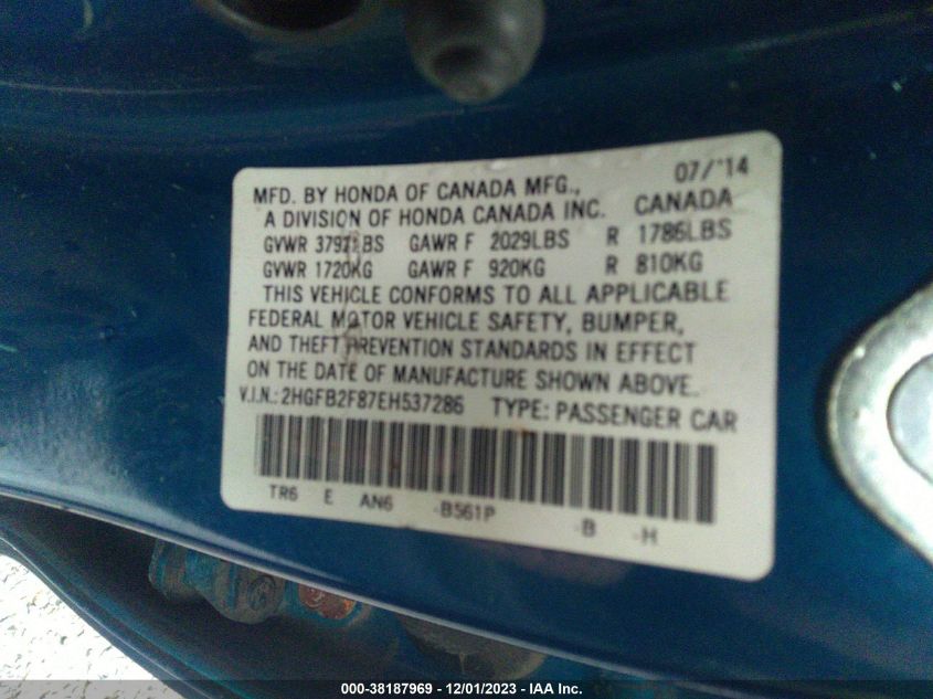 2014 HONDA CIVIC EX - 2HGFB2F87EH537286