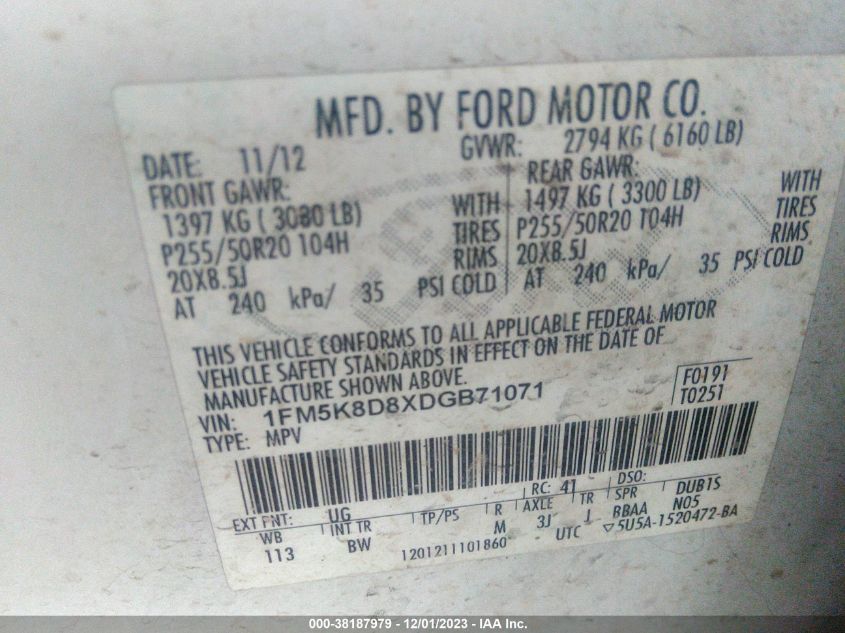 2013 FORD EXPLORER XLT - 1FM5K8D8XDGB71071