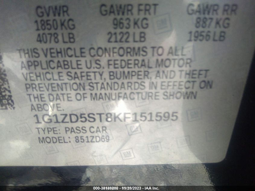 2019 CHEVROLET MALIBU LT - 1G1ZD5ST8KF151595