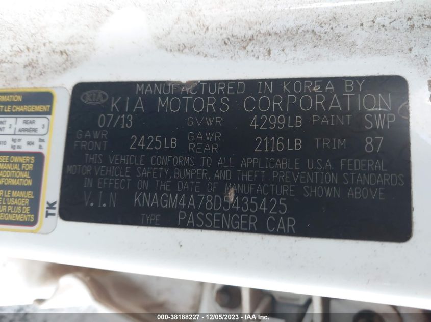 2013 KIA OPTIMA LX - KNAGM4A78D5435425