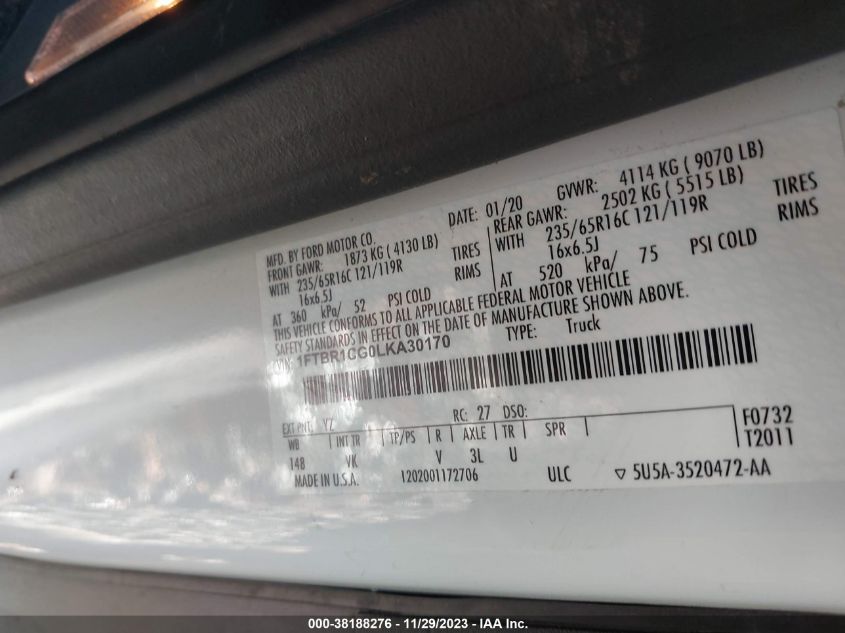 2020 FORD TRANSIT-250 CARGO VAN - 1FTBR1CG0LKA30170