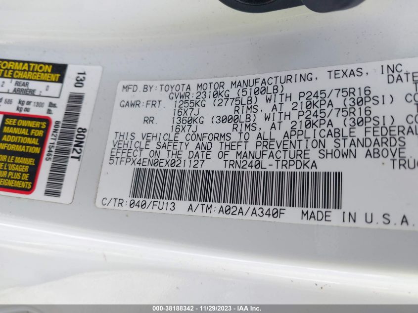 2014 TOYOTA TACOMA - 5TFPX4EN0EX021127