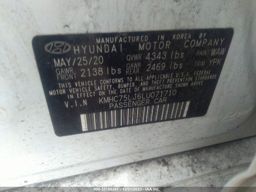 2020 HYUNDAI IONIQ ELECTRIC SE KMHC75LJ6LU071710