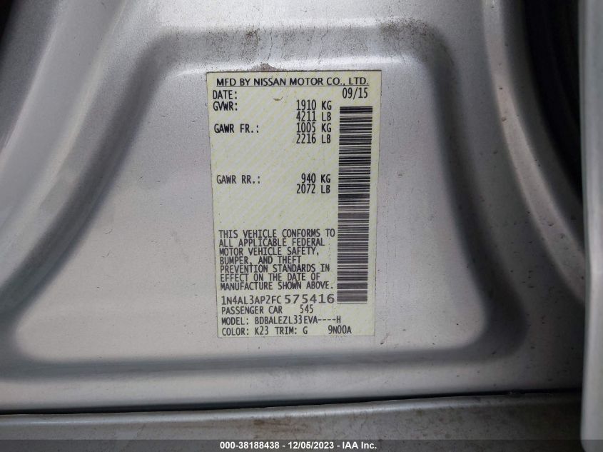 2015 NISSAN ALTIMA 2.5/S/SV/SL - 1N4AL3AP2FC575416
