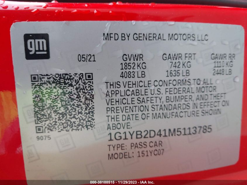 2021 CHEVROLET CORVETTE STINGRAY RWD  2LT 1G1YB2D41M5113785