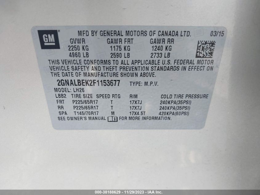 2015 CHEVROLET EQUINOX 1LT - 2GNALBEK2F1153677