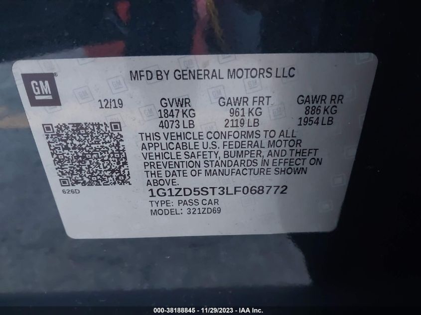 2020 CHEVROLET MALIBU LT - 1G1ZD5ST3LF068772