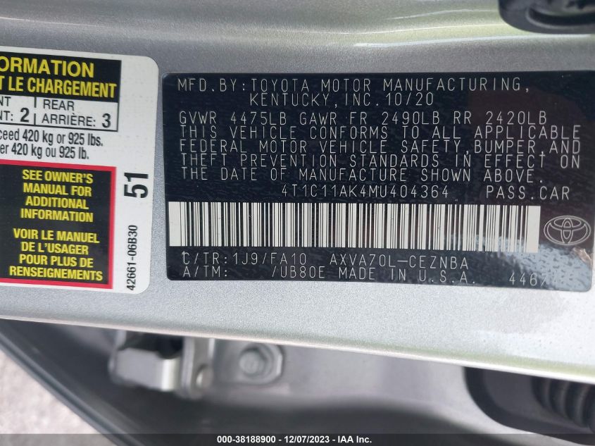 2021 TOYOTA CAMRY LE - 4T1C11AK4MU404364