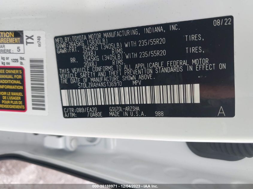 2022 TOYOTA HIGHLANDER XSE - 5TDLZRAH4NS136910