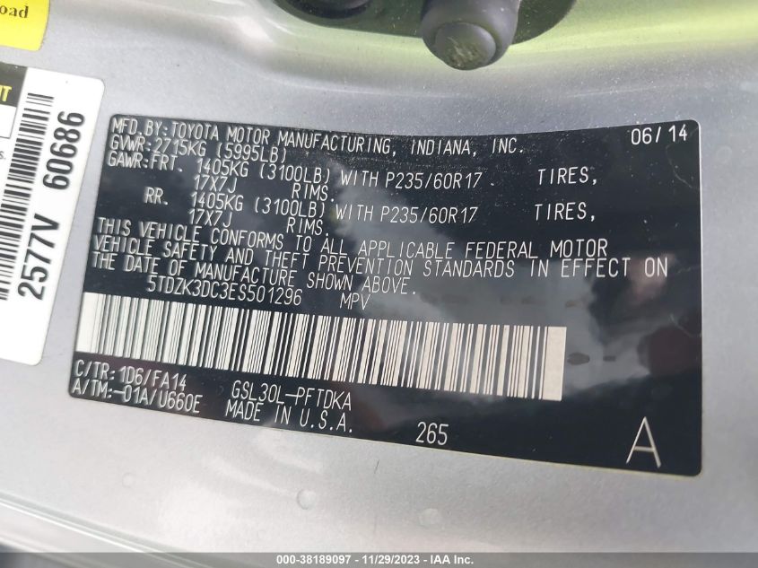 2014 TOYOTA SIENNA L V6 7 PASSENGER - 5TDZK3DC3ES501296