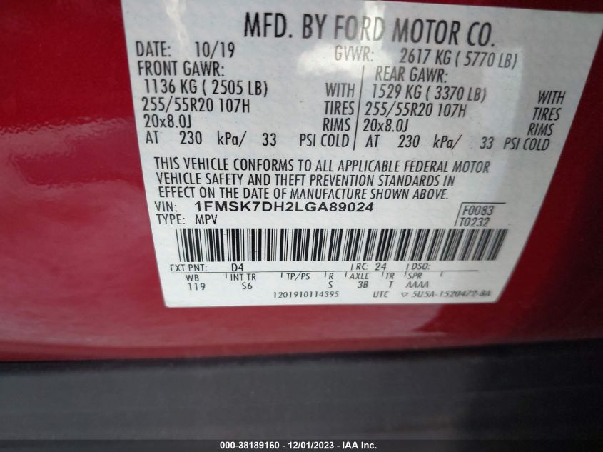2020 FORD EXPLORER XLT - 1FMSK7DH2LGA89024