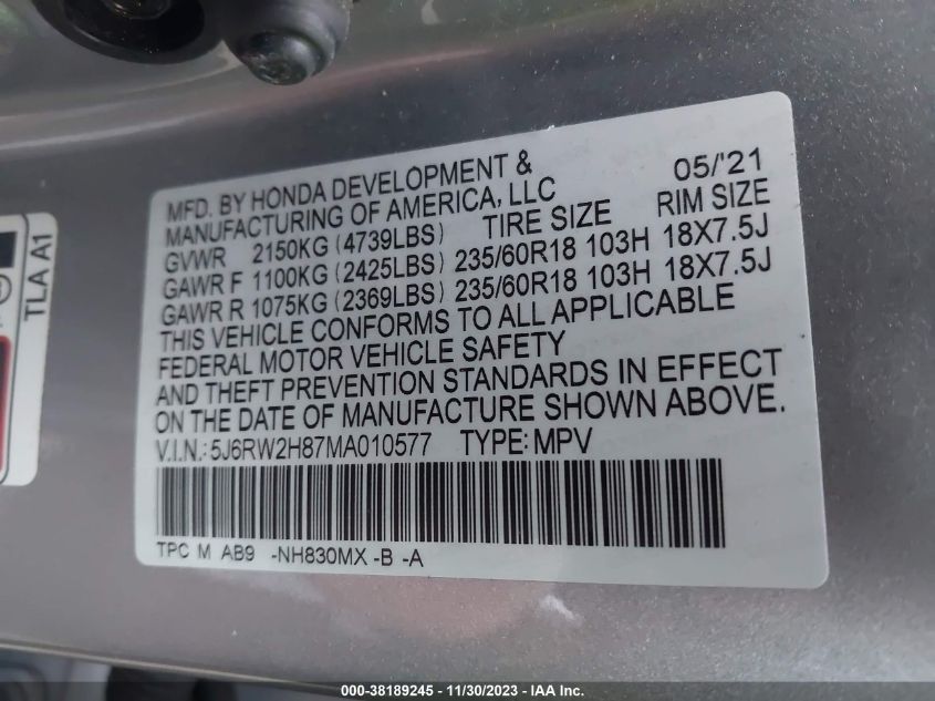 2021 HONDA CR-V EXL - 5J6RW2H87MA010577