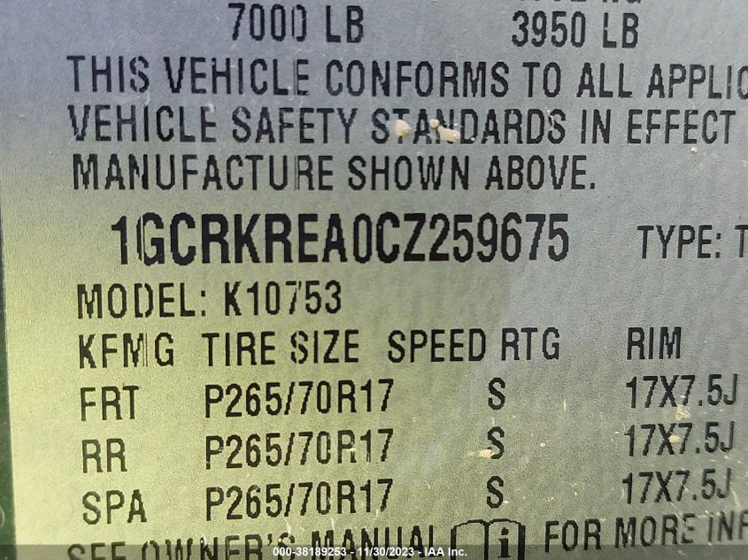 1GCRKREA0CZ259675 | 2012 CHEVROLET SILVERADO 1500