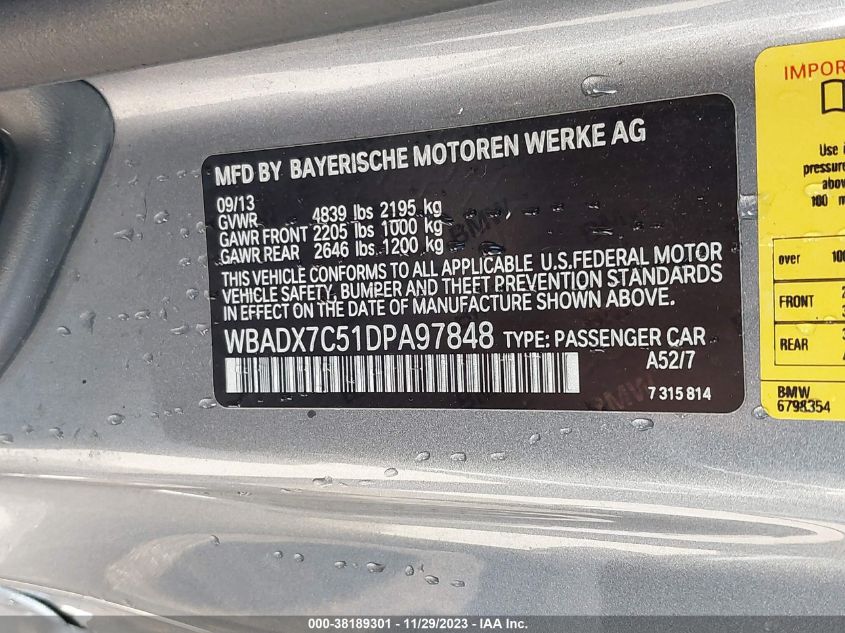 2013 BMW 335I - WBADX7C51DPA97848
