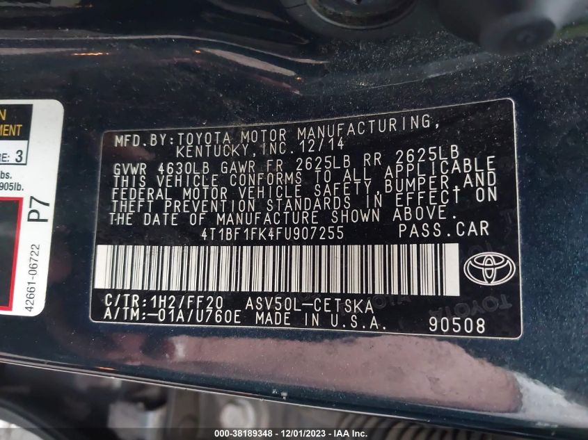 2015 TOYOTA CAMRY SE - 4T1BF1FK4FU907255