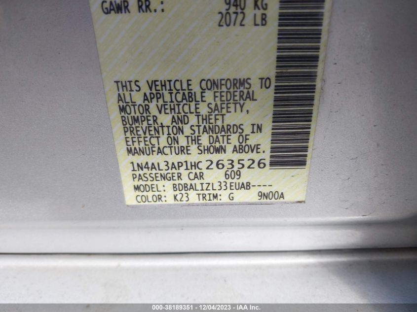 2017 NISSAN ALTIMA 2.5/S/SV/SL/SR - 1N4AL3AP1HC263526