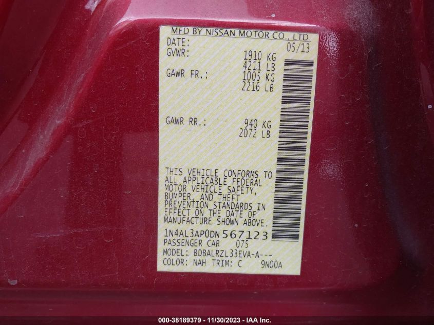2013 NISSAN ALTIMA 2.5 S - 1N4AL3AP0DN567123