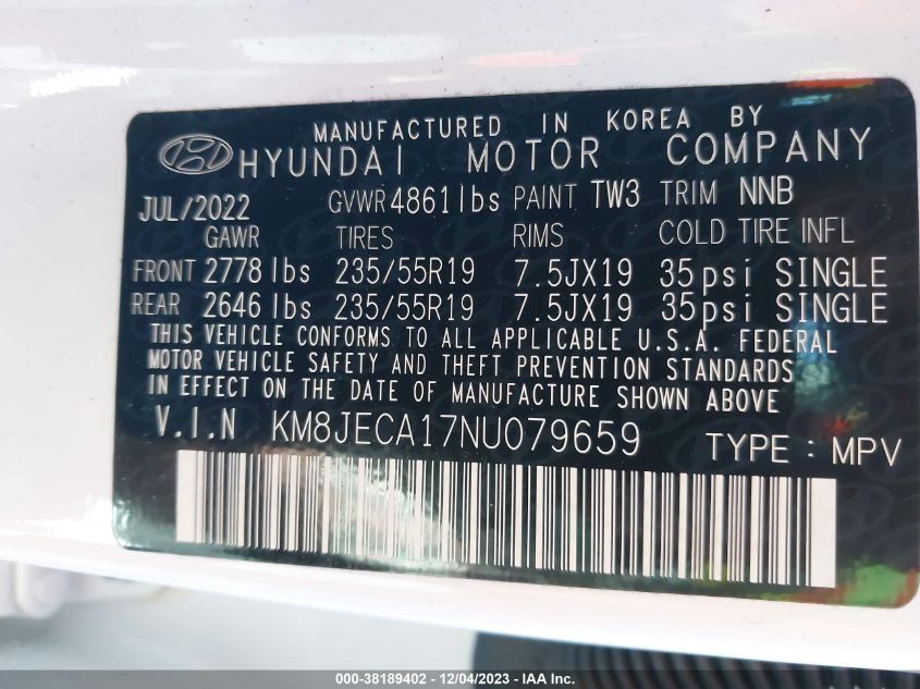 2022 HYUNDAI TUCSON HYBRID LIMITED KM8JECA17NU079659