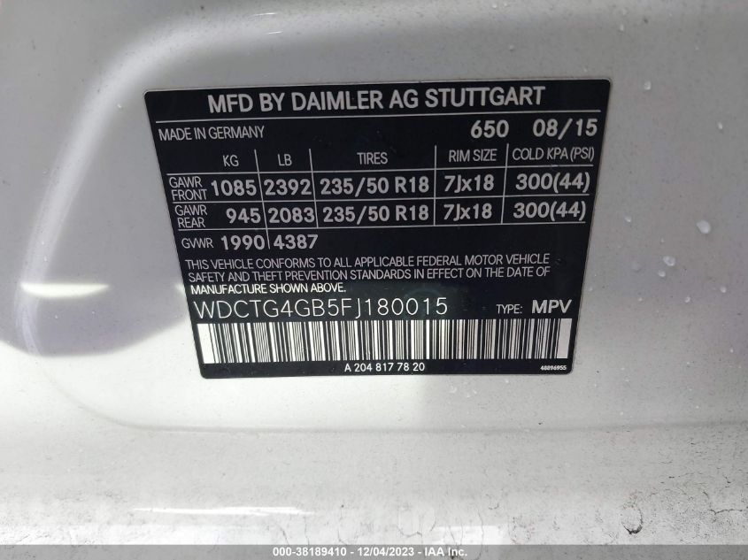 2015 MERCEDES-BENZ GLA 250 4MATIC - WDCTG4GB5FJ180015