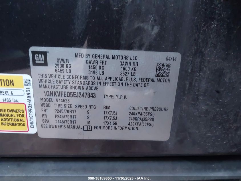 2014 CHEVROLET TRAVERSE LS - 1GNKVFED5EJ347843