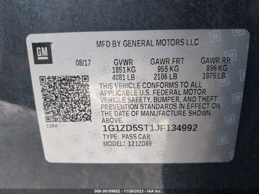 1G1ZD5ST1JF134992 | 2018 CHEVROLET MALIBU