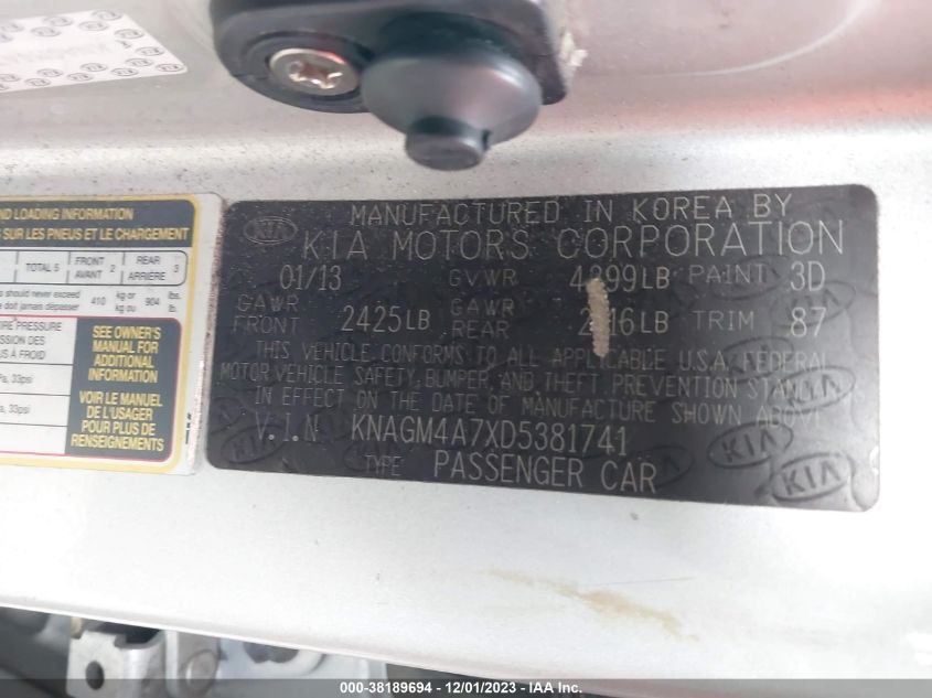 2013 KIA OPTIMA LX - KNAGM4A7XD5381741