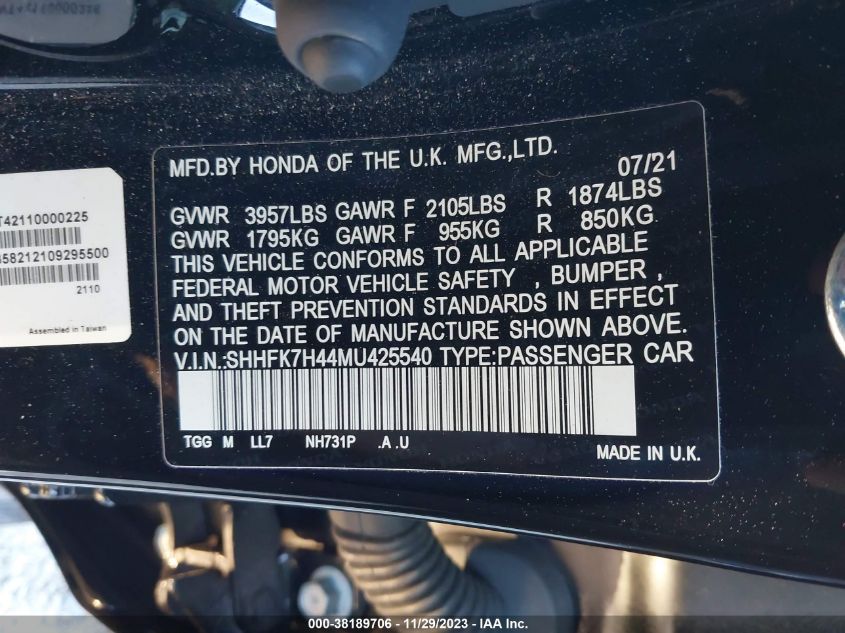 2021 HONDA CIVIC SPORT - SHHFK7H44MU425540