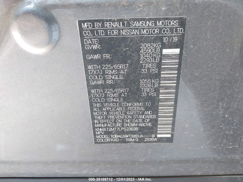 2020 NISSAN ROGUE SV FWD - KNMAT2MT7LP523636