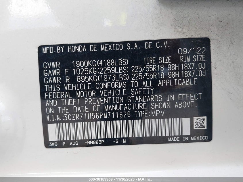 VIN 3CZRZ1H56PM711626 2023 HONDA HR-V SPORT