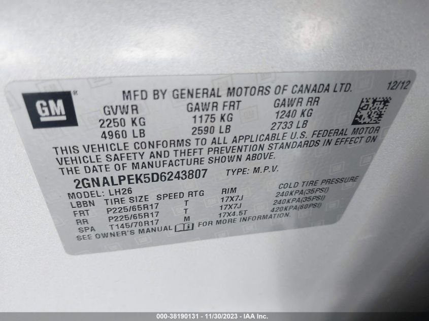 2013 CHEVROLET EQUINOX LT - 2GNALPEK5D6243807