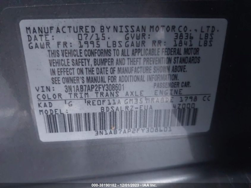 2015 NISSAN SENTRA S/SV/SR/SL - 3N1AB7APZFY308601