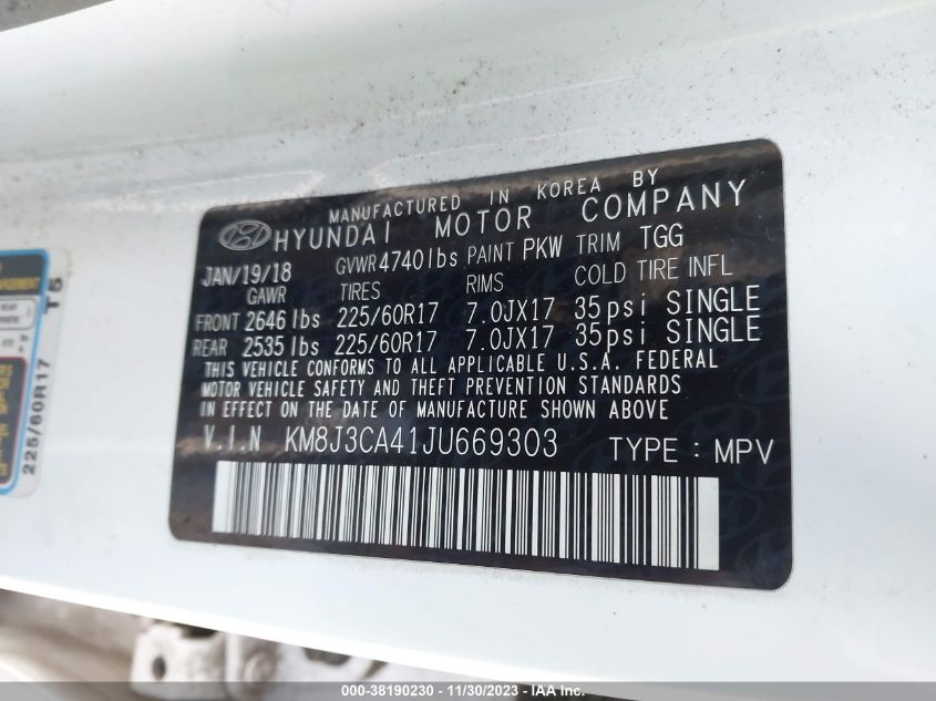 2018 HYUNDAI TUCSON LIMITED/SPORT AND ECO/SE - KM8J3CA41JU669303