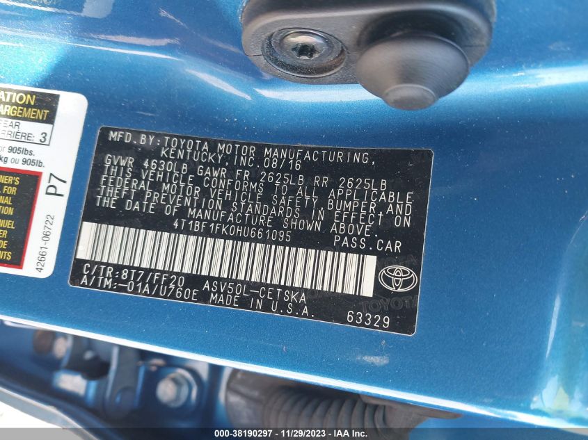 2017 TOYOTA CAMRY LE/XLE/SE/XSE - 4T1BF1FK0HU661095