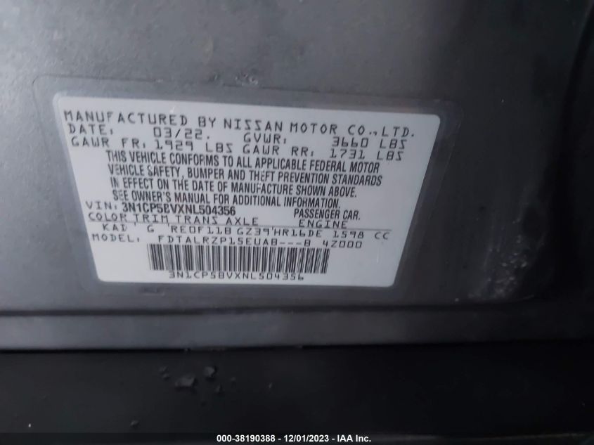 2022 NISSAN KICKS S - 3N1CP5BVXNL504356