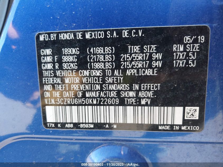 2019 HONDA HR-V EX - 3CZRU6H50KM722609