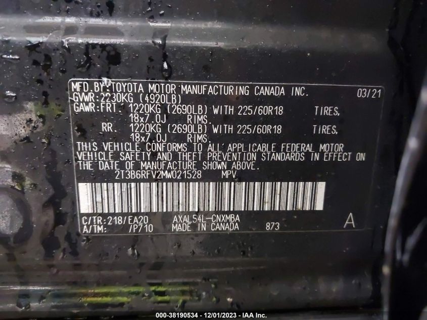 VIN 2T3B6RFV2MW021528 2021 TOYOTA RAV4 XLE PREMIUM HYBRID