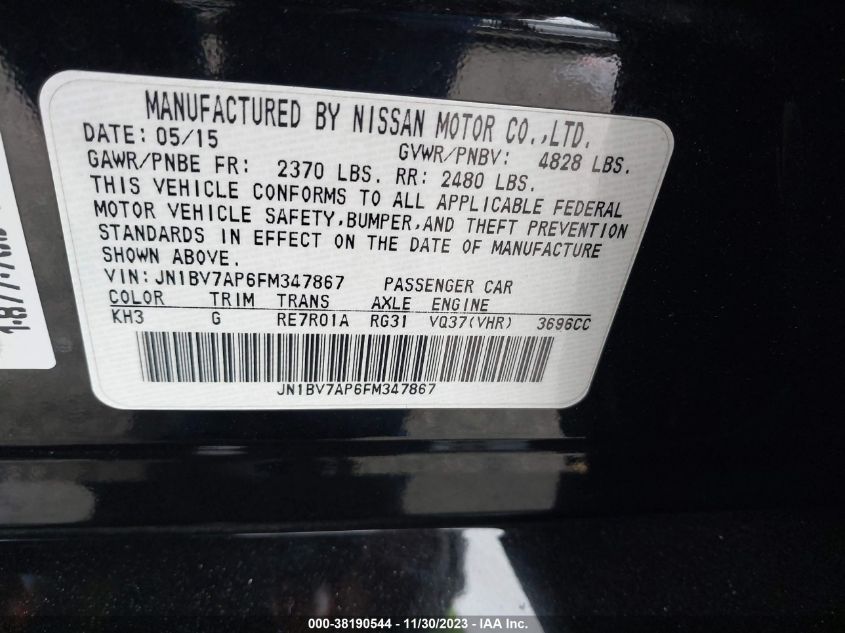 2015 INFINITI Q50 PREMIUM/SPORT - JN1BV7AP6FM347867