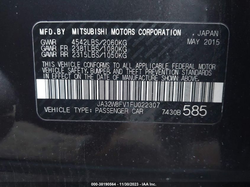 2015 MITSUBISHI LANCER EVOLUTION GSR JA32W8FV1FU022307
