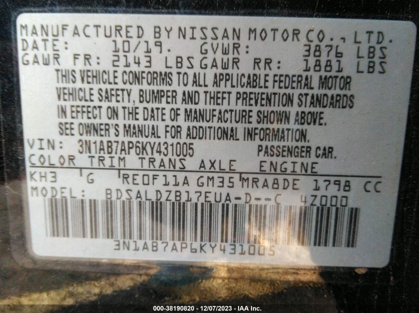 2019 NISSAN SENTRA S/SV/SR/SL - 3N1AB7AP6KY431005