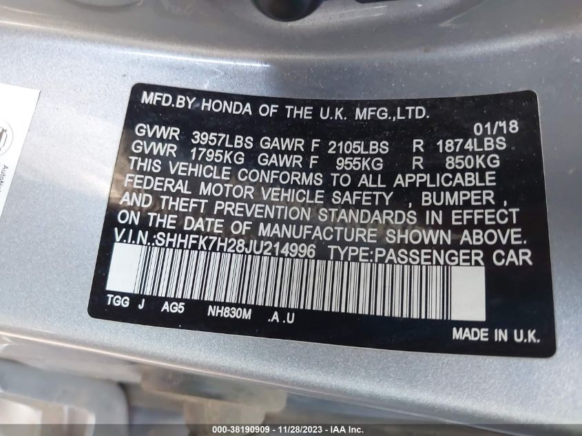 2018 HONDA CIVIC LX - SHHFK7H28JU214996