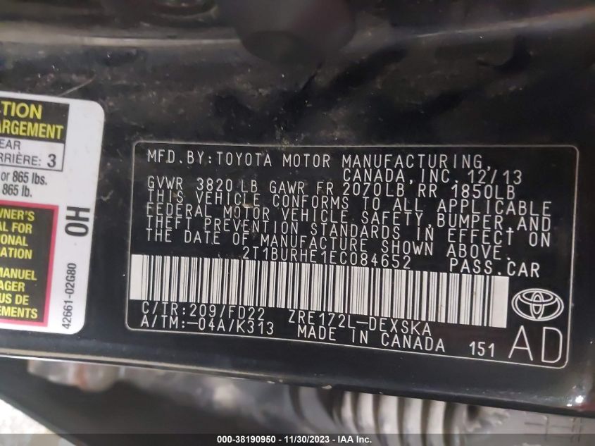 2014 TOYOTA COROLLA S PLUS - 2T1BURHE1EC084652
