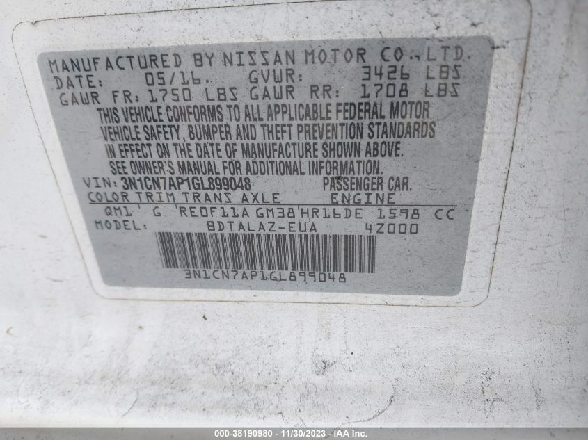 2016 NISSAN VERSA 1.6 S+ - 3N1CN7AP1GL899048