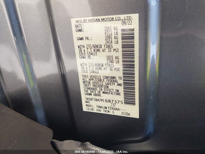 VIN 5N1BT3BA7PC687375 2023 NISSAN ROGUE SV