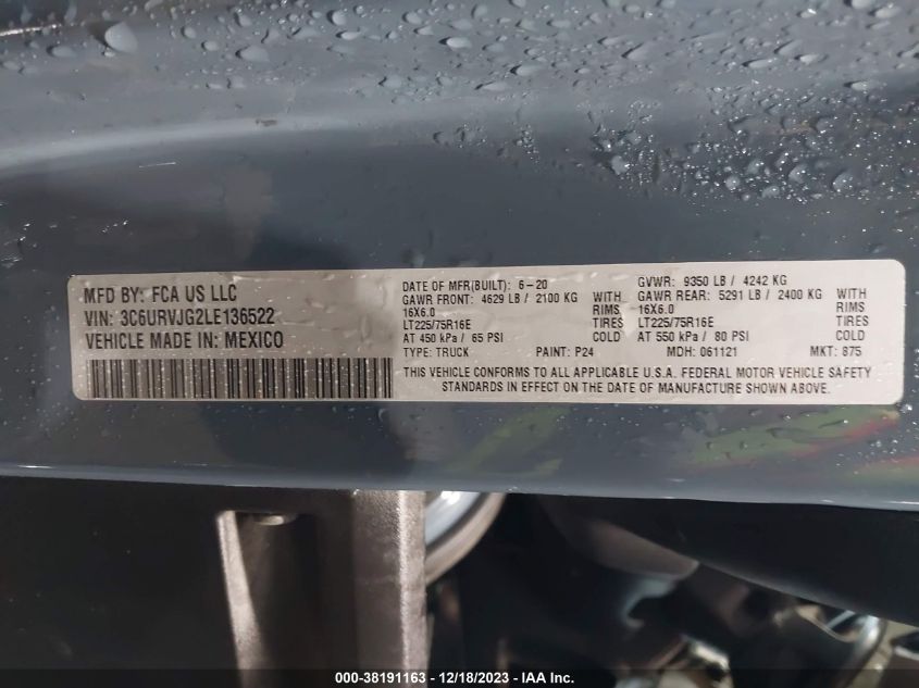 2020 RAM PROMASTER 3500 3500 HIGH - 3C6URVJG2LE136522