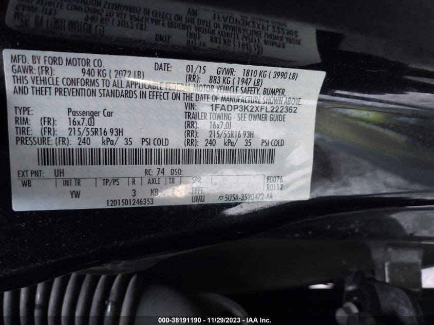 2015 FORD FOCUS SE - 1FADP3K2XFL222362