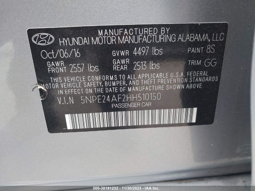 2017 HYUNDAI SONATA SE - 5NPE24AF2HH510150