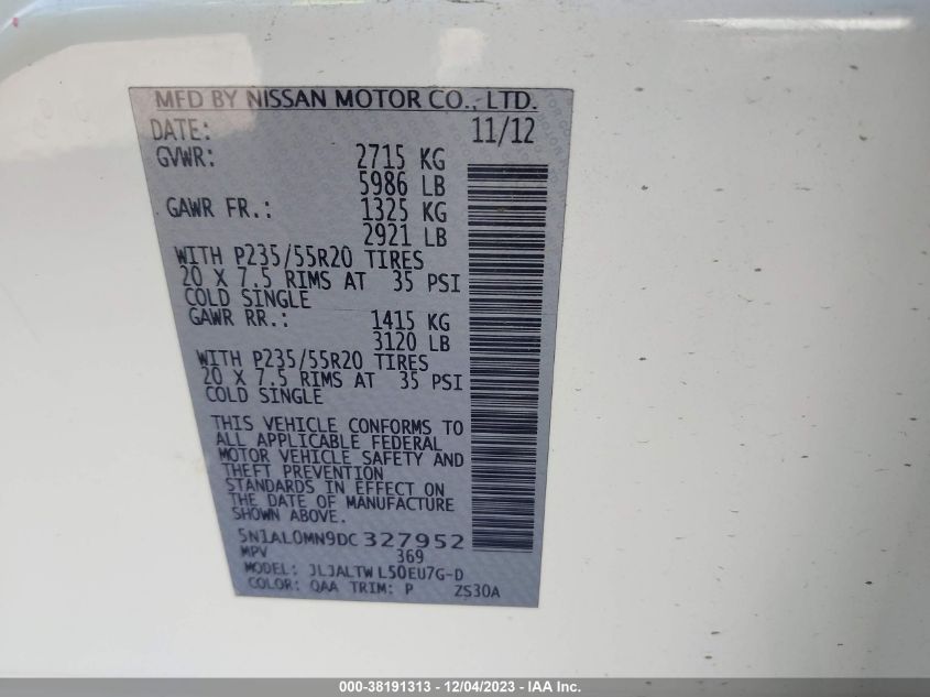 2013 INFINITI JX35 - 5N1AL0MN9DC327952