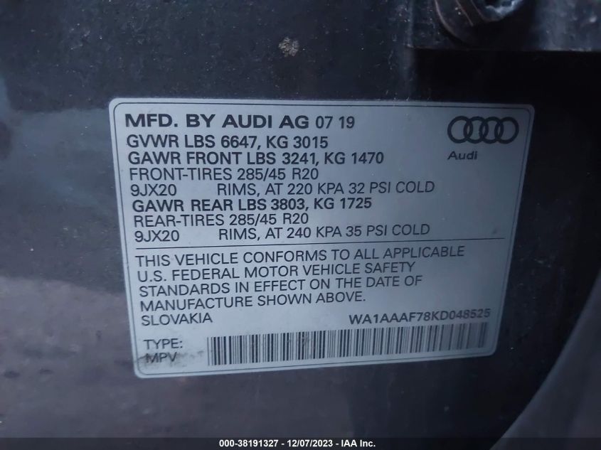 WA1AAAF78KD048525 2019 AUDI Q7, photo no. 9